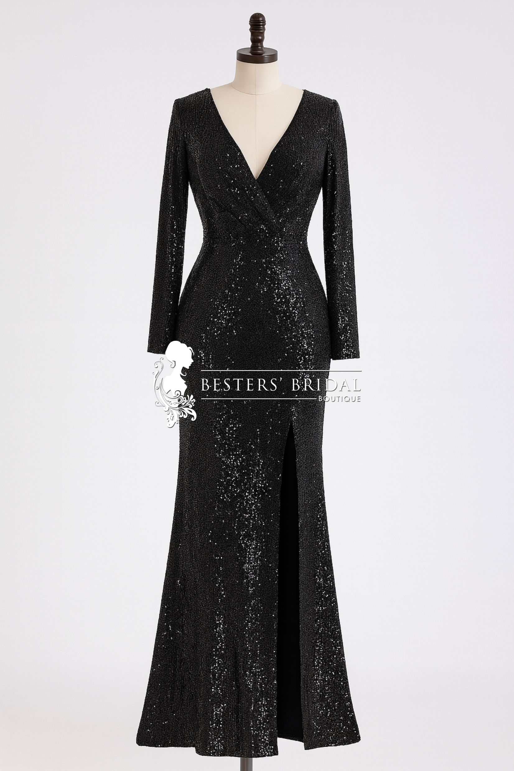 NYX Shiny V Neck Sequin Evening Party Dress with Long Sleeve