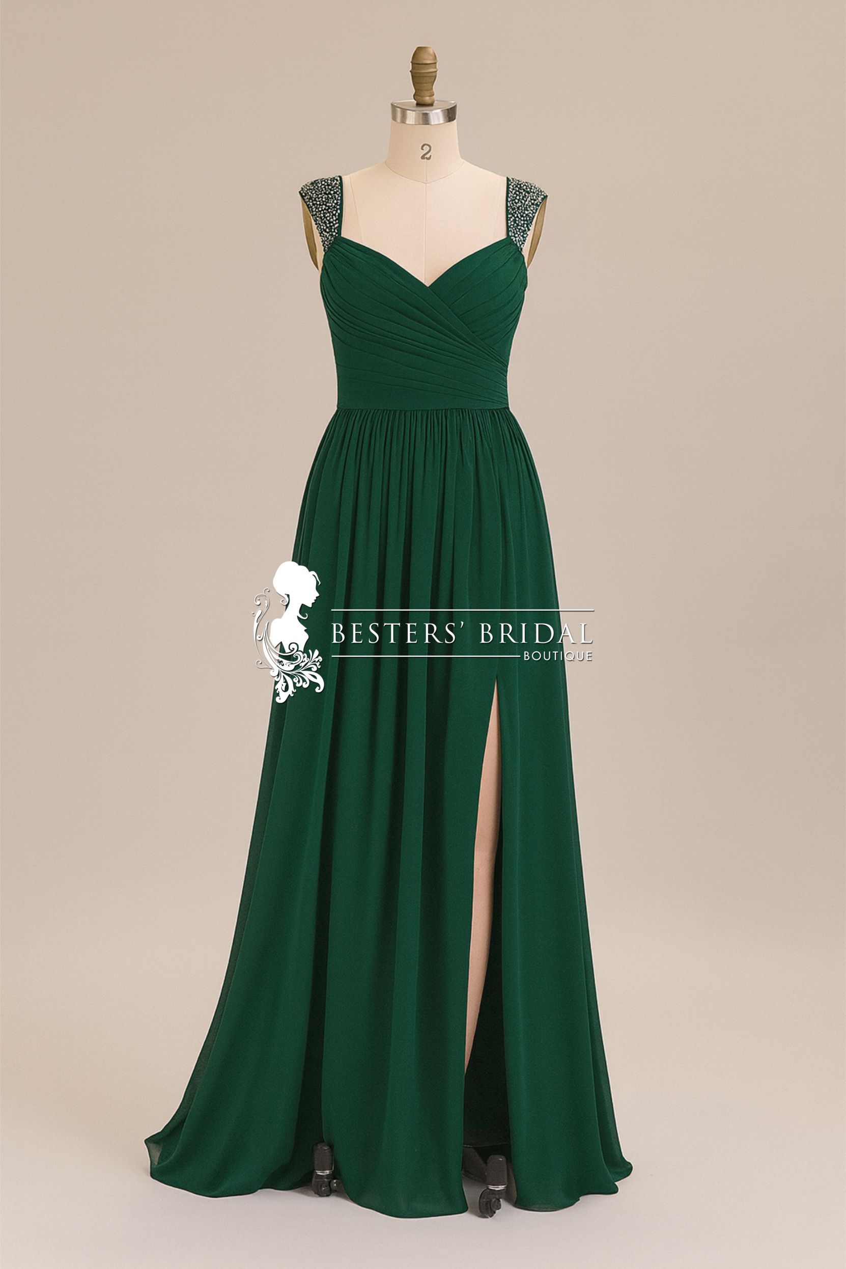 LANA Designer Ruched Chiffon Slit Evening Dress