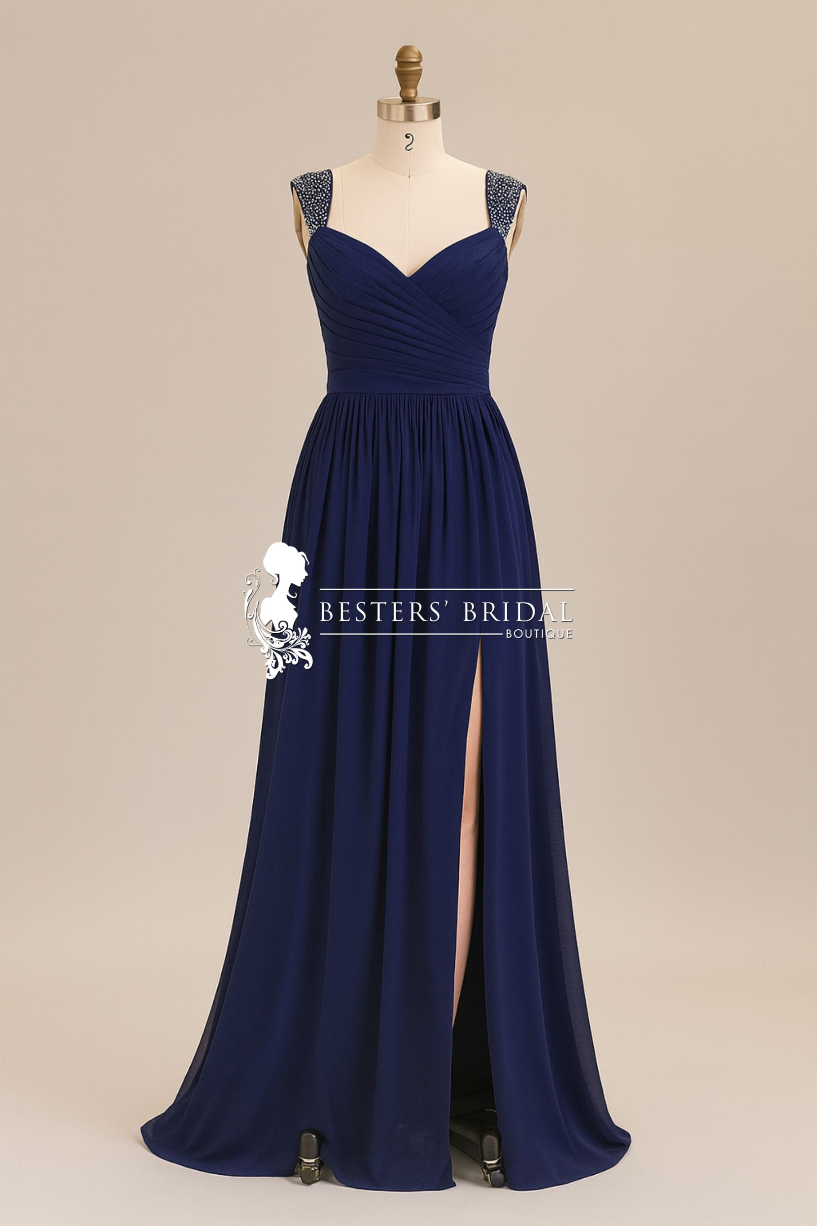 LANA Designer Ruched Chiffon Slit Evening Dress