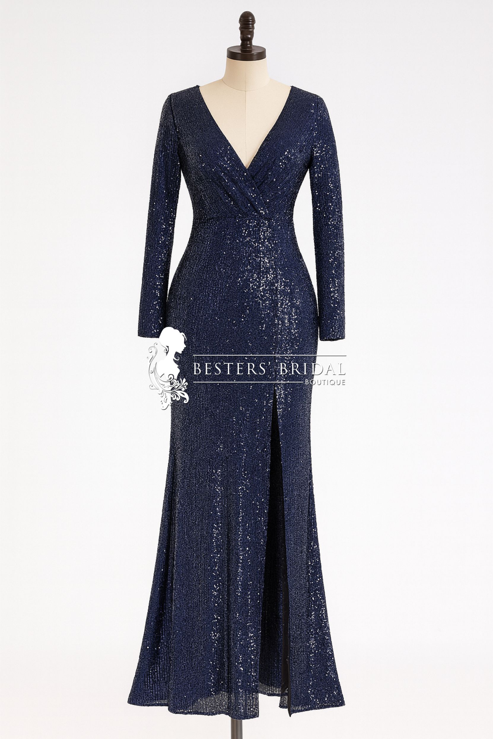 NYX Shiny V Neck Sequin Evening Party Dress with Long Sleeve