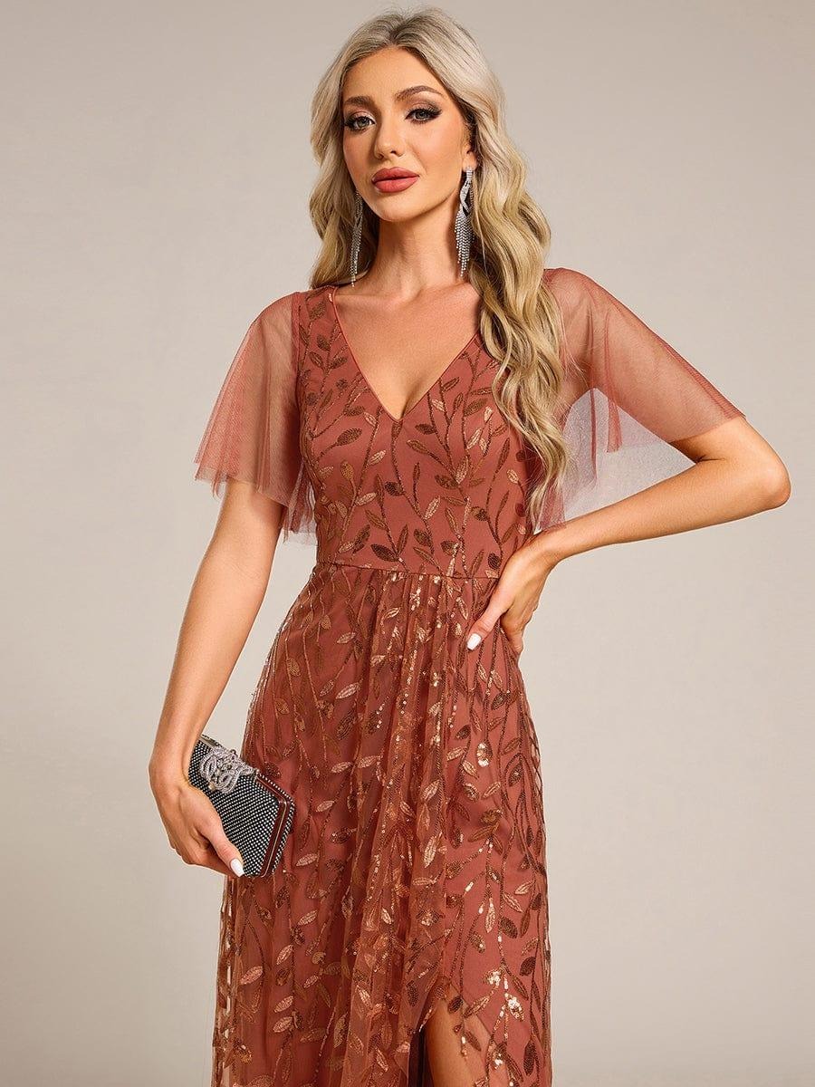 Alix A chic high-low midi formal dress adorned with shimmering sequins, featuring short sleeves and a flattering V-neckline — a stylish choice for any special event. This dress is not currently in stock but is available to order.