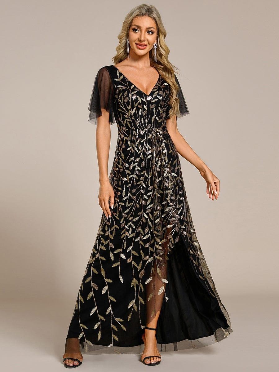 Alix A chic high-low midi formal dress adorned with shimmering sequins, featuring short sleeves and a flattering V-neckline — a stylish choice for any special event. This dress is not currently in stock but is available to order.