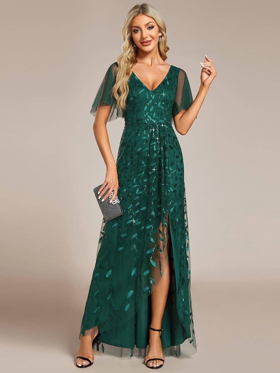 Alix A chic high-low midi formal dress adorned with shimmering sequins, featuring short sleeves and a flattering V-neckline — a stylish choice for any special event. This dress is not currently in stock but is available to order.