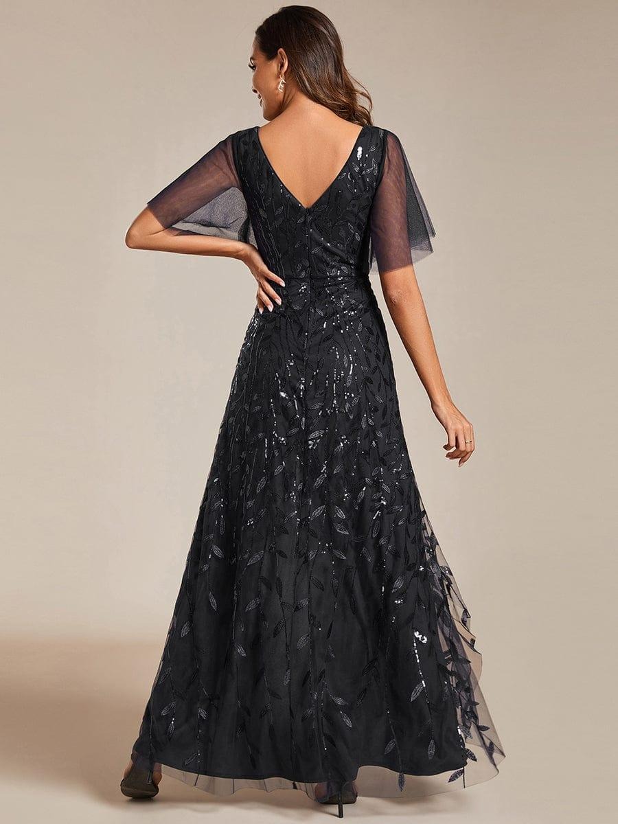 Alix A chic high-low midi formal dress adorned with shimmering sequins, featuring short sleeves and a flattering V-neckline — a stylish choice for any special event. This dress is not currently in stock but is available to order.