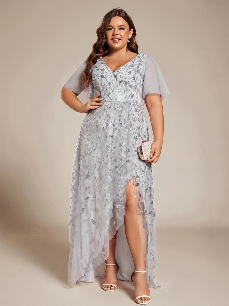 Alix A chic high-low midi formal dress adorned with shimmering sequins, featuring short sleeves and a flattering V-neckline — a stylish choice for any special event. This dress is not currently in stock but is available to order.